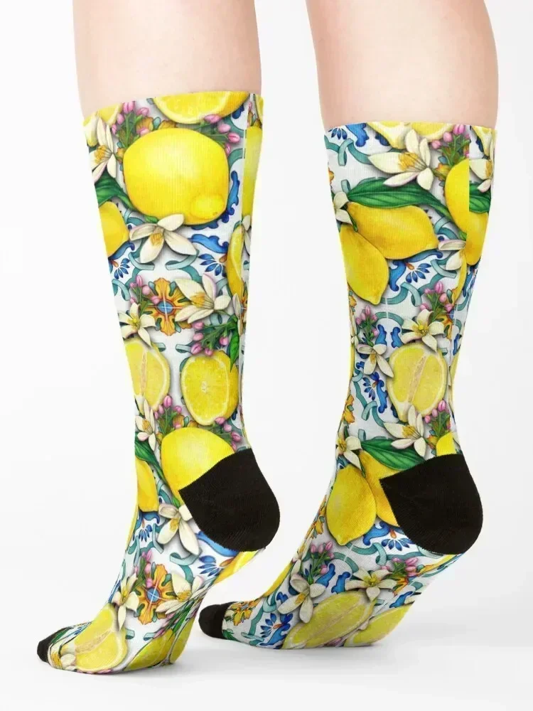 Bright Mediterranean Sicilian Tiles with Citrus Lemons Socks christmass gift floor kawaii set Men Socks Women's