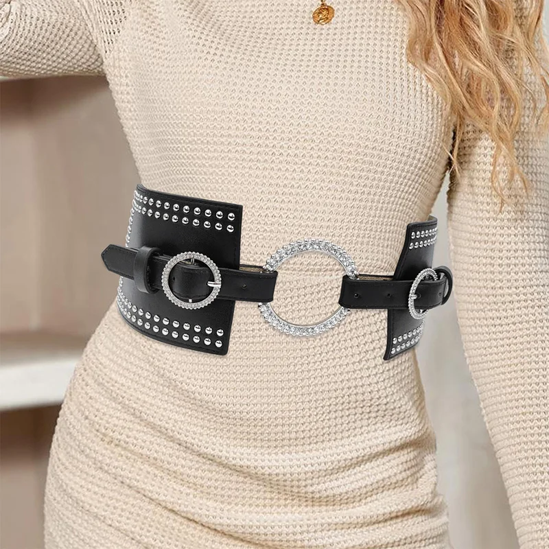 Fashion Ladies rhinestone Circle Corset Belt Elastic Pin Buckle Cummerbund Tie Rope Elegant Belt for Women Shirt Dress Waistband