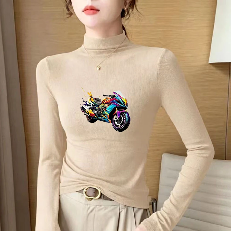 Winter Women's Thermal Brushed Fleece Half Mock Neck Long Sleeve T Shirt Racing MotoBike Rainbow Splash Graphic Warm Tee