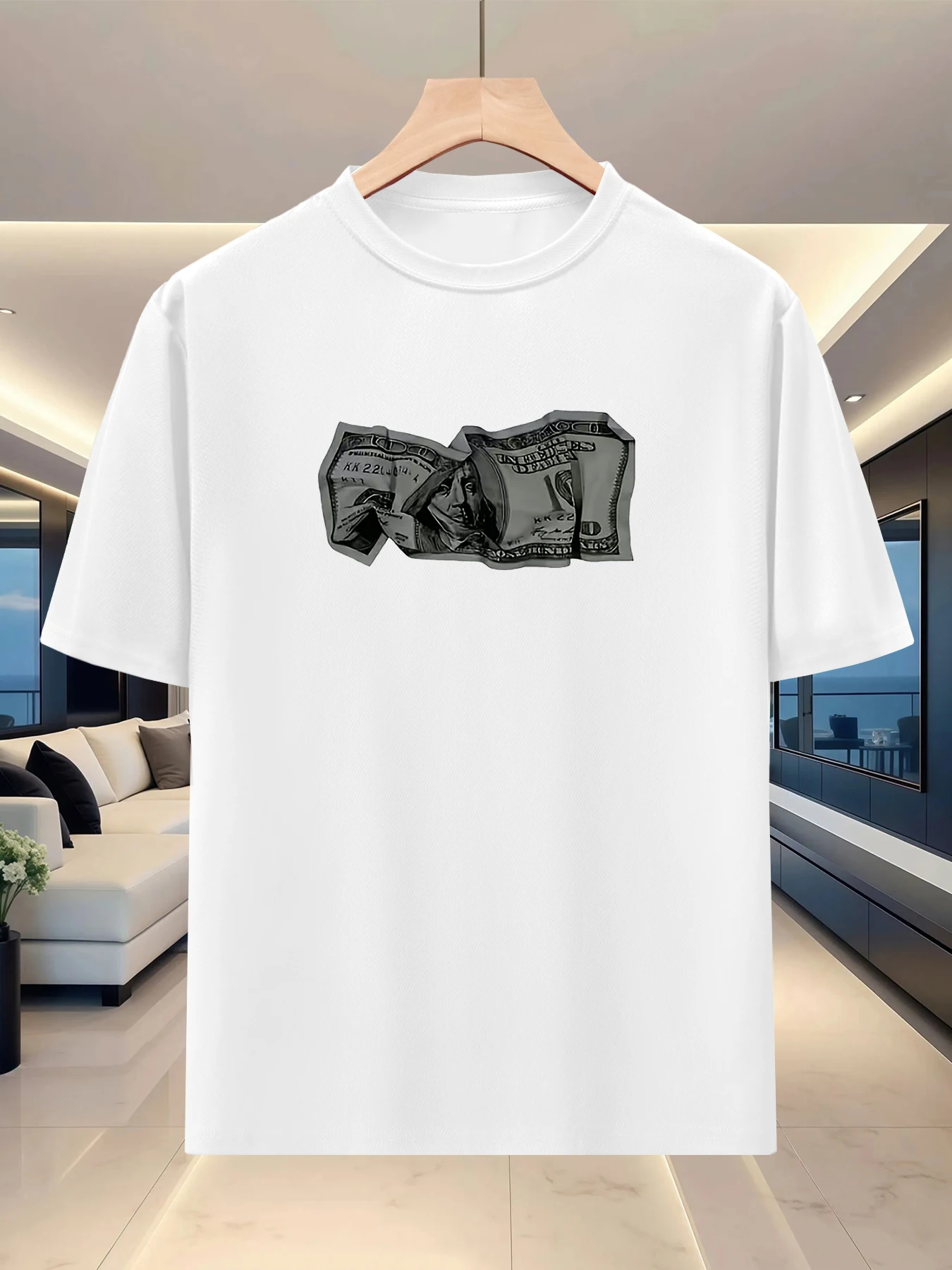 Minimally atmospheric men's loose half sleeved T-shirt for spring and summer outdoor, niche graphic print, lazy silhouette top