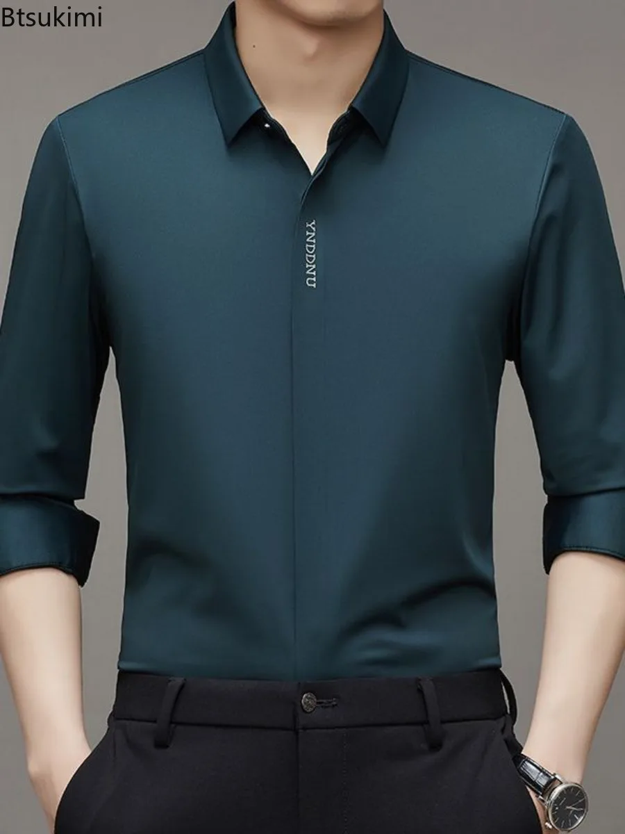 

2024 New Men's Ice Silk Long-sleeved Shirts Fashion Solid Slim Business Casual Dress Shirt Non-ironing Anti Wrinkle Blouse Male