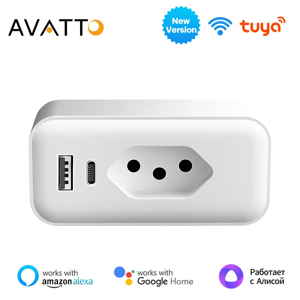 AVATTO Brazil 16A/20A WiFi Smart Plug With Power Monitor,With USB/Type-C Smart Life Smart Socket Outlets For Google Home,Alexa