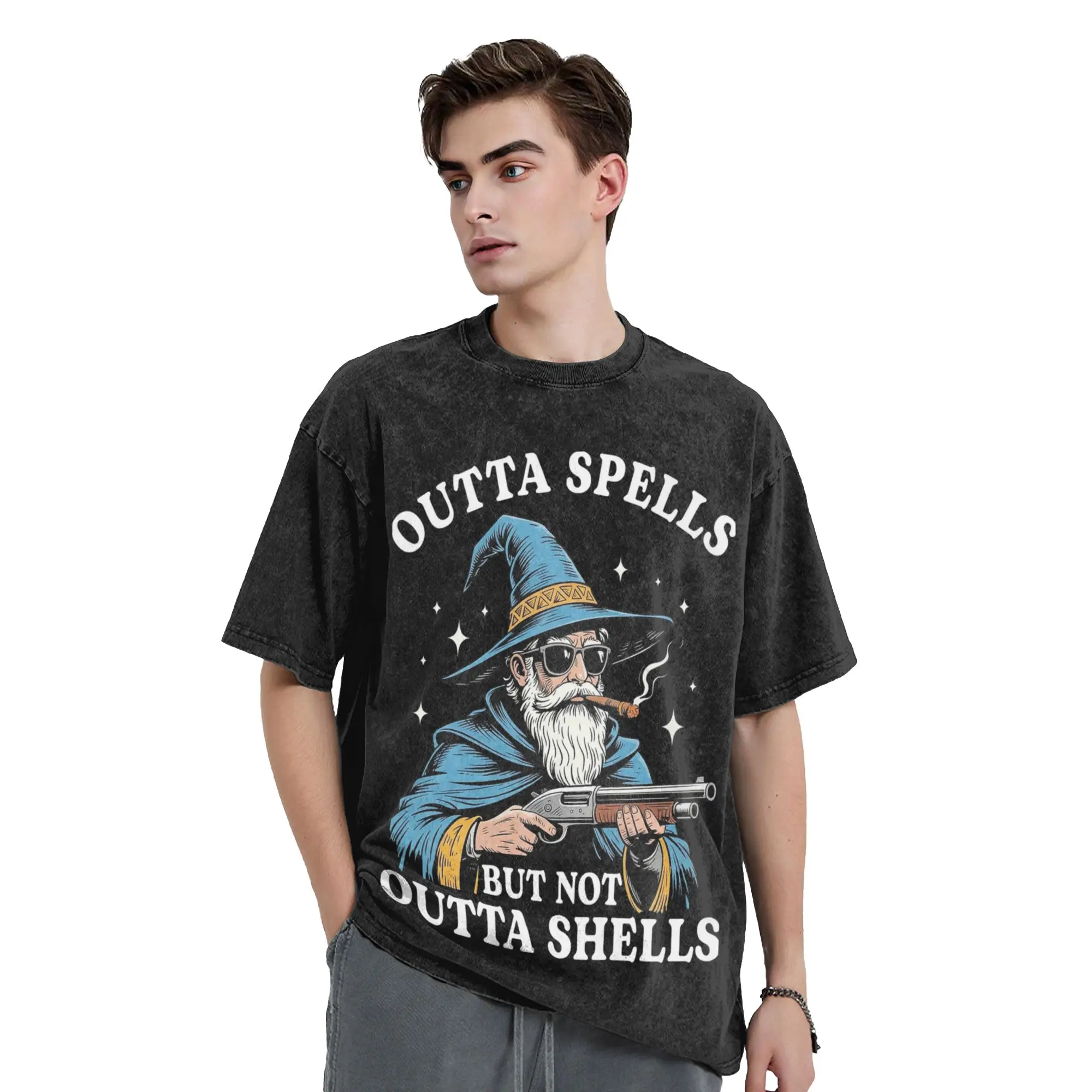 Outta Spells But Not Outta Shells Wizard Meme T Shirts Hip Hop Washed Cotton T-Shirts  Vintage for Men Streetwear Tee Shirt