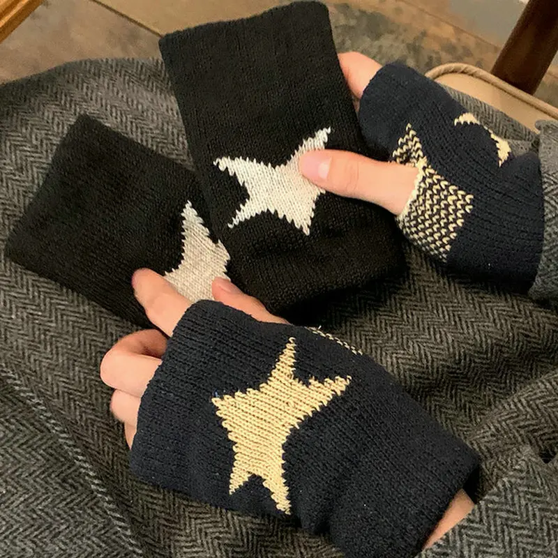 Winter Touchscreen Knitted Gloves Women\'s Men\'s Star Print Warm Wool Stretch Knit Mittens Imitation Wool Half Finger Fingerless