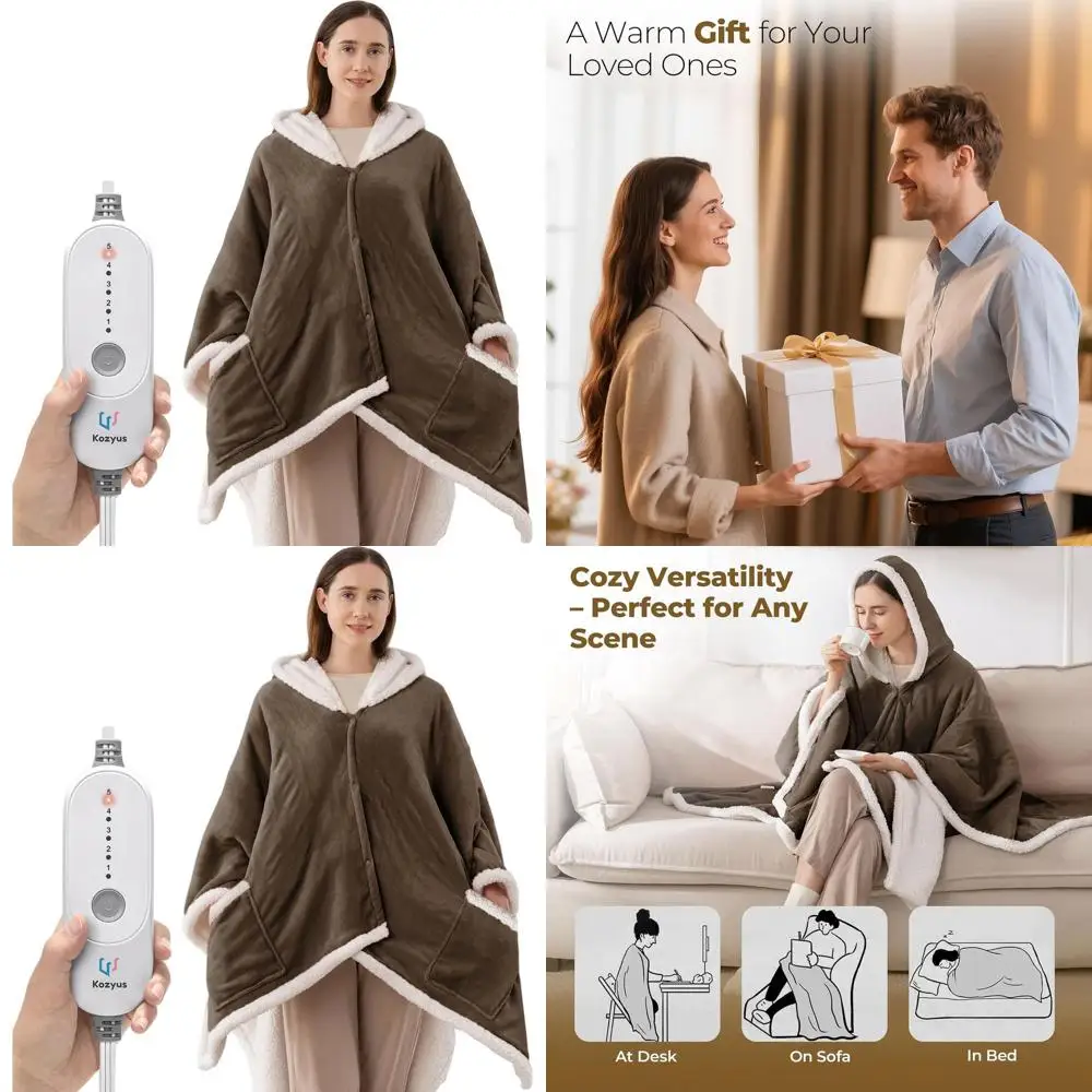 

Electric Heated Blanket with Hood & Pockets, 5 Settings, Auto-Off, Washable, ETL Certified, Unisex, Brown, 56x63