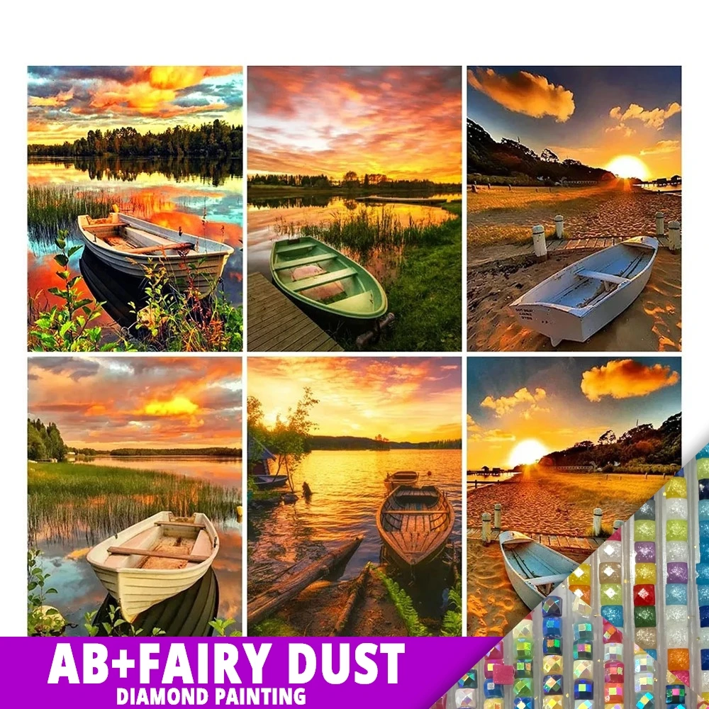 AB Fairy Dust Diy 5d Full Diamond Painting Landscape Embroidery Drill Sunset Lakeside Boat Mosaic Cross Stitch Art Hobby Gift