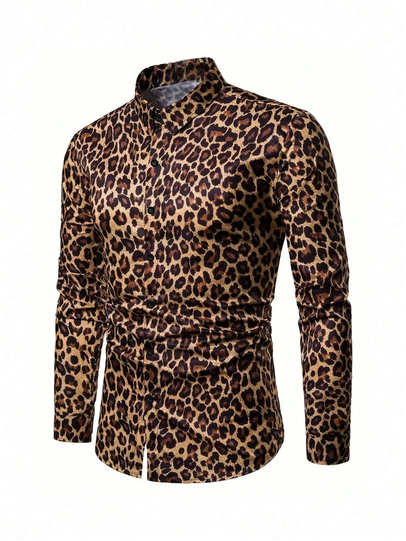 Men Classic Leopard Print Long Sleeve Shirt Turn‑down Collar Button Up Slim Fit Nightclub Party Casual Shirts
