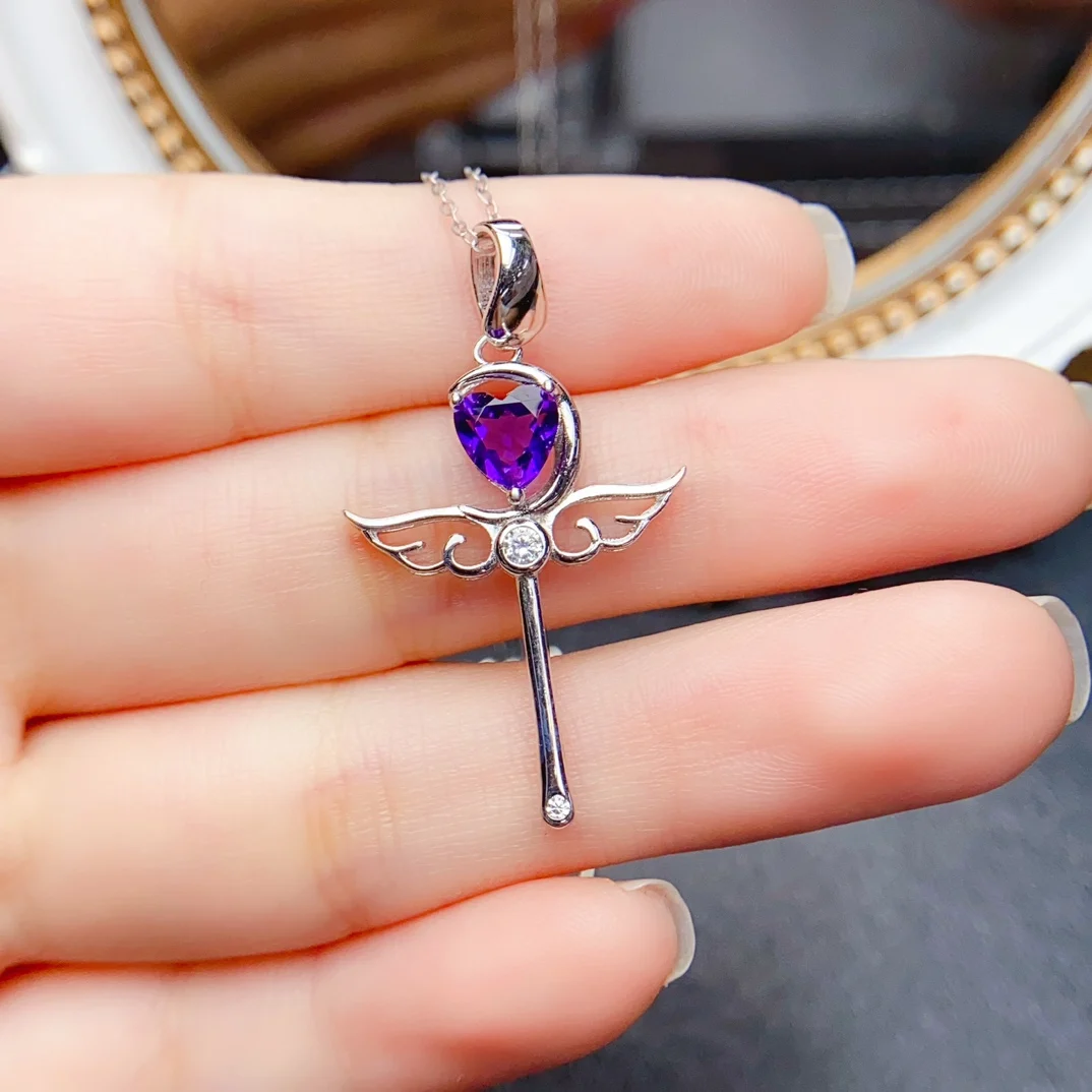 FS 6mm Natural Amethyst SettingS925 Sterling Silver Magic wand Pendant Necklace Fine Fashion Charm Jewelry for Women MeiBaPJ