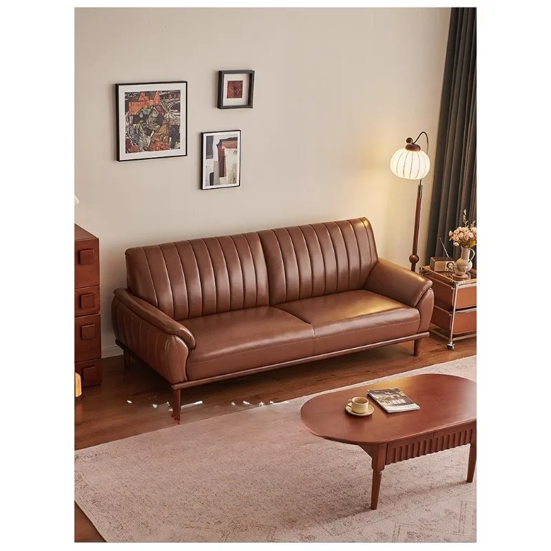 

French retro oil wax leather living room leather sofa new small apartment double household straight row brown three-person sofa