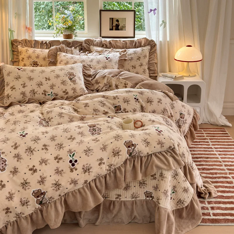 Milk Fleece Winter Princess 4pcs Bedding Sets Girls Lacework Warm Quilt Cover Thickened Bedspread for Women Bedroom
