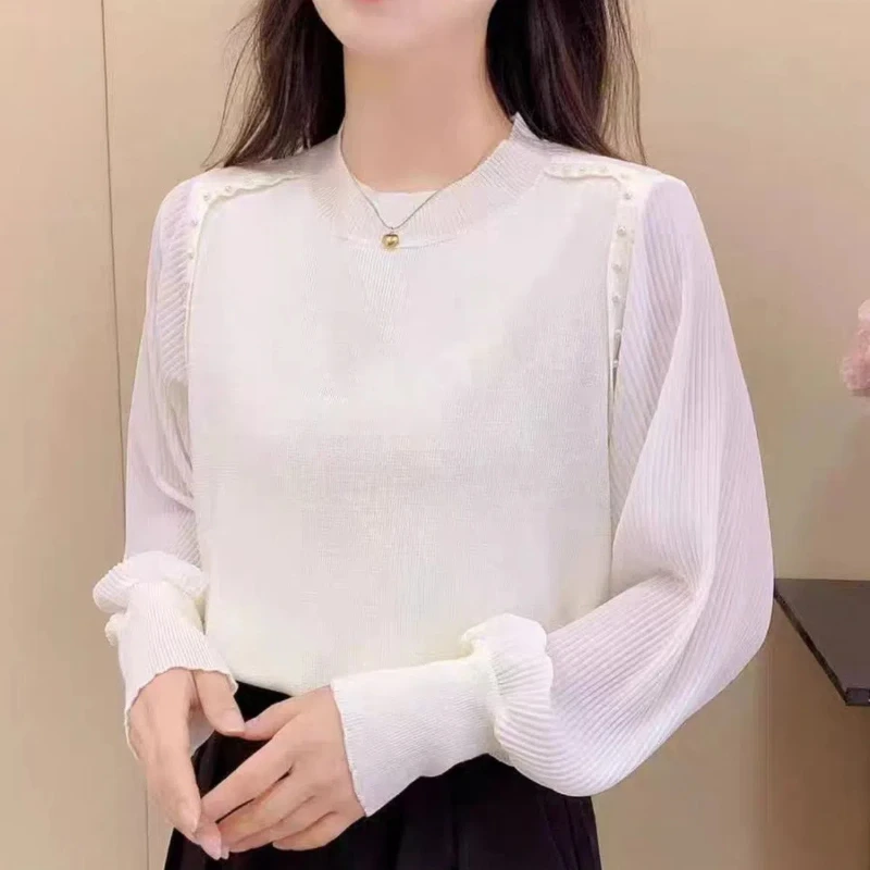 Simplicity office lady Spring autumn new Women\'s Solid O-Neck Gauze Patchwork  fashion lantern sleeve Chiffon shirt Knitted Tops