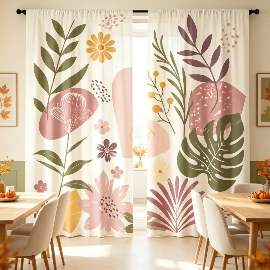 2PCS Digital Print Curtain, Boho Pink Green Botanical Flowers Leaves Monstera Pattern, Bohemian Nordic Style Home Decor