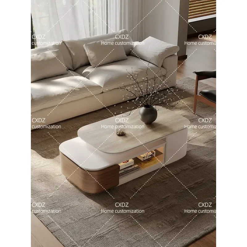 Retractable Coffee Table Living Room Simple High End Square Solid Wood Light Luxury Cave Stone Slab Table