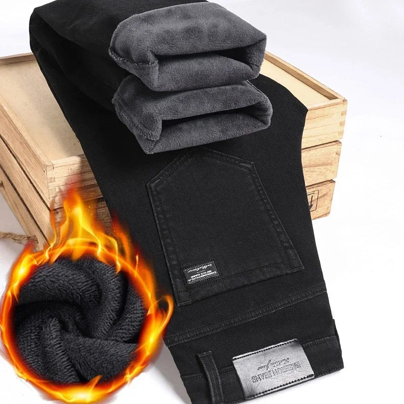 الرجال الشتاء تمتد الصوف الجينز سميكة الدافئة فضفاضة مستقيم المخملية سراويل جينز الأعمال الكلاسيكية عارضة السراويل العمل الأسود #3