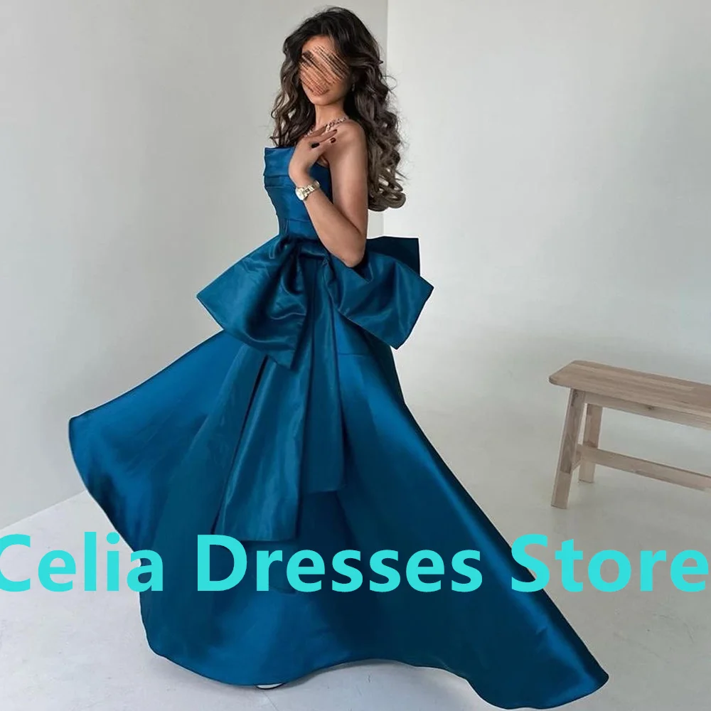 Saudi Arabia Evening Gowns A-Line Satin Sleeveless Strapless Floor Length Pleats Solid Color Bespoke Occasion Gowns Classic 2024