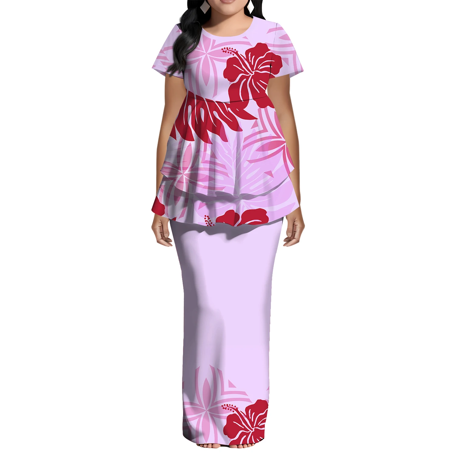 Tribal Pattern Floral Design Women'S Dress Polynesian Puletasi Round-Neck Short-Sleeved Fishtail Patchwork Design 2-Piece Set