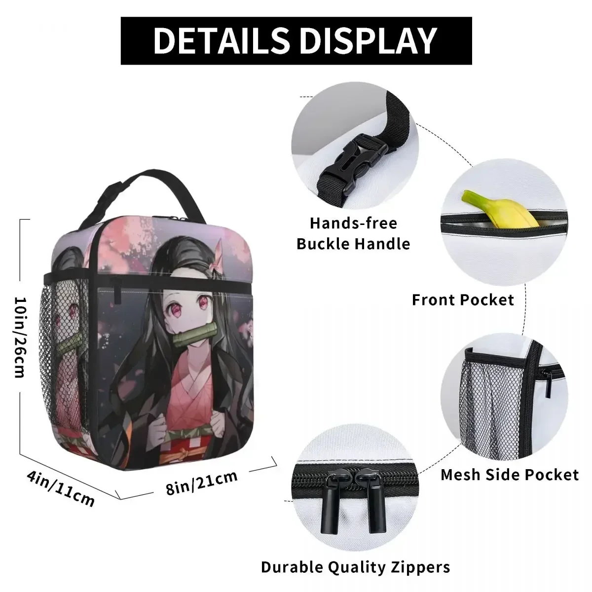 Nezuko Kimetsu No Yaiba Portable Lunch Box Women Demon Slayer Anime Manga Thermal Cooler Food Insulated  Bag Office Work