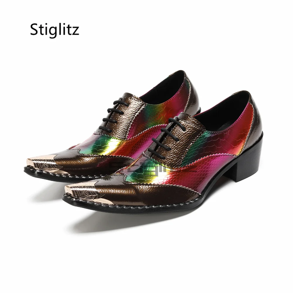 

Patchwork High Heels Business Leather Shoes for Men Metal Pointed Toe British Style Lace Up Mixed Colors Trendy Casual Shoes