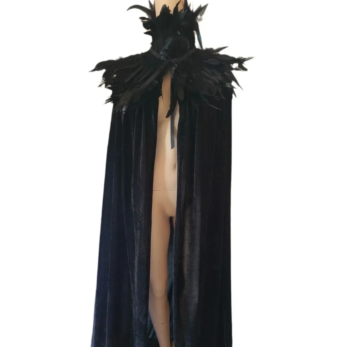 Cosplay Black Evil Witch Cloak Steampunk costumes Feather Collar Light Gauze Cape  Length 180cm Halloween carnival party Adults