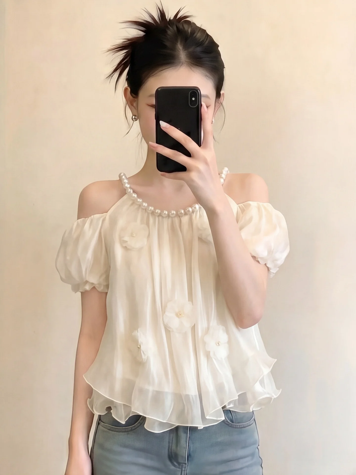 

Elegant Pearl Decorated Chiffon Top Women's Summer Sweet Floral 3D Bubble Sleeve Shoulder Bared Super Fairy Atmosphere Top
