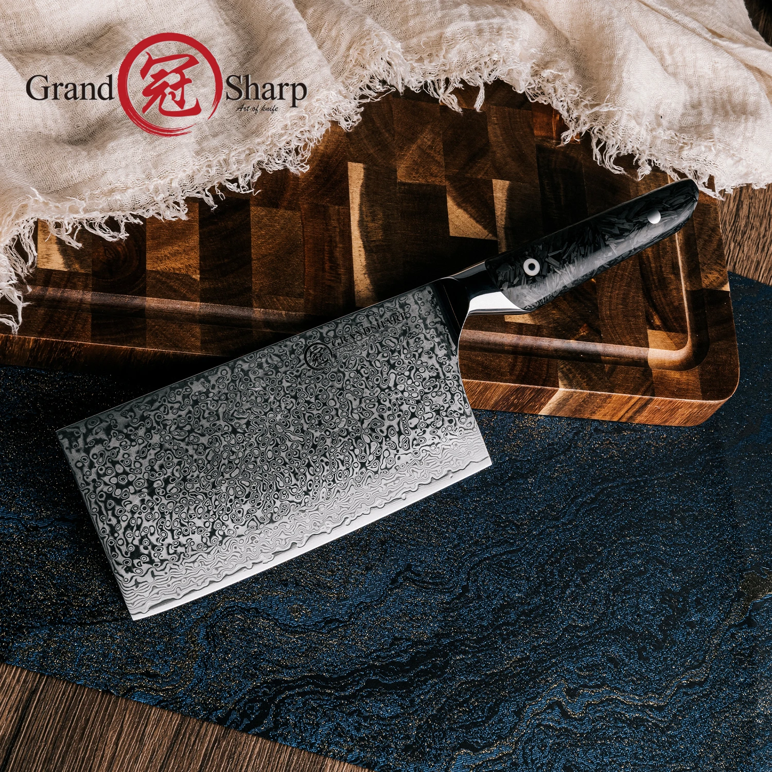 

Grandsharp 7"Cleaver Knife AUS-10 Damascus Steel 67 Layers With Black Resin Handle High Performance Chef Knife Cooking Tool