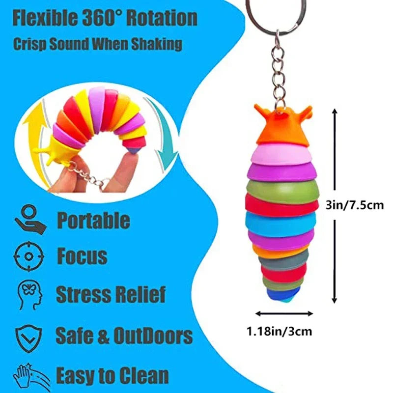 1PC Mini Slug Fidget Toy with Keychain Cute Caterpillar Shape Bag Pendent Stress Reliever Office Toy Sensory Toy for Kids Adults