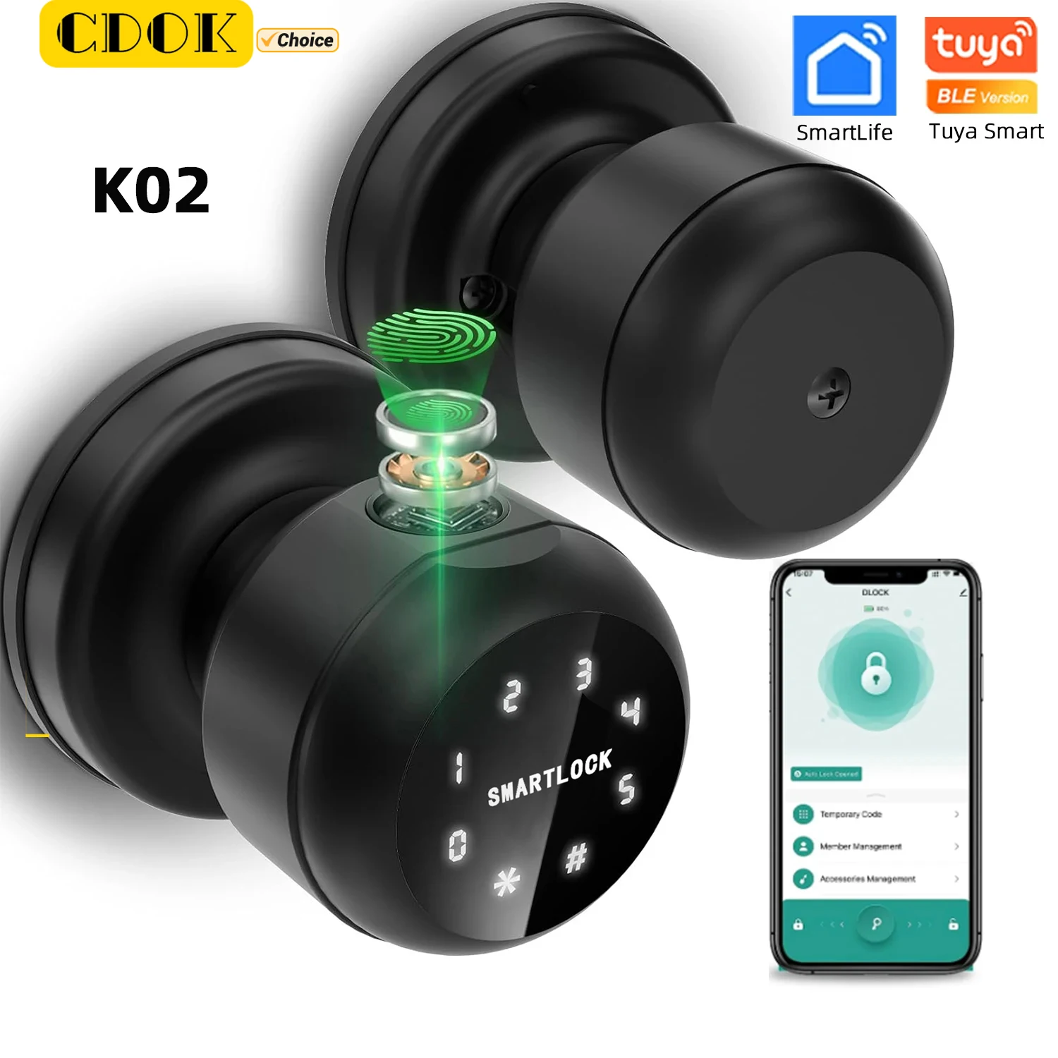 

CDOK K02 Round Knob Fingerprint Smart Lock Tuya Bluetooth Biometric With Mechanical Key/Password/APP Unlock Easy Replacement
