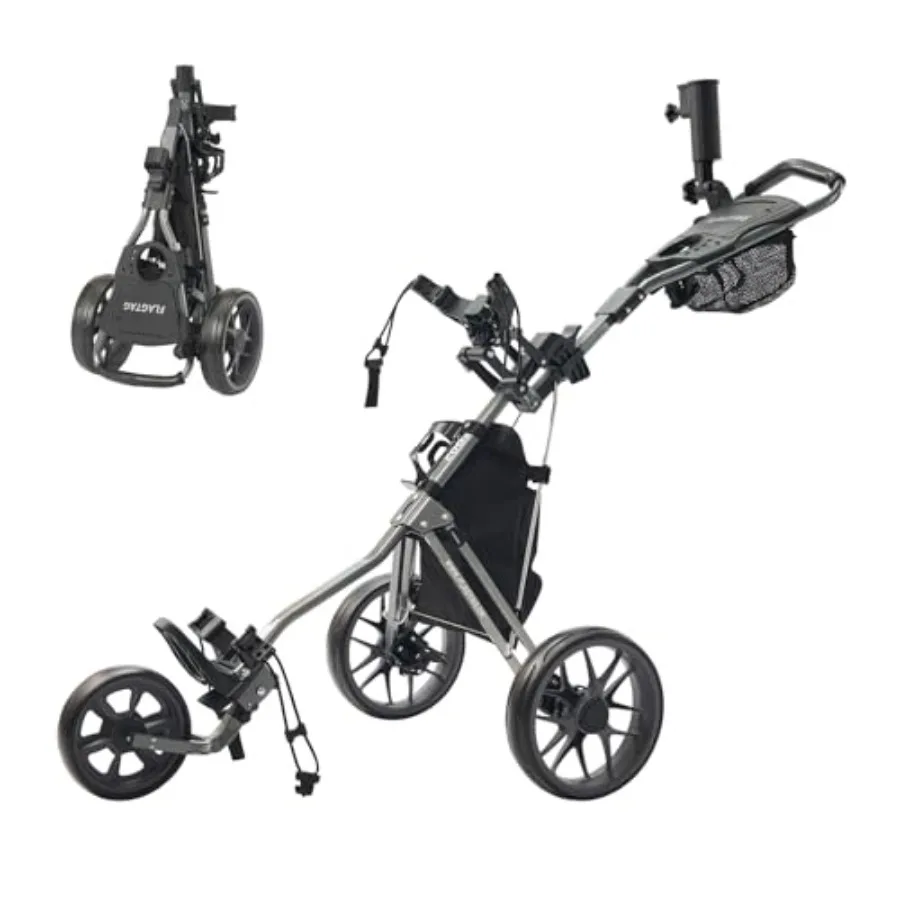 

3 Wheel Folding Golf Cart with Foot Brake Cooler Bag Umbrella Holder Cup Holder Storage Compartment for Outdoor Golf Use Black