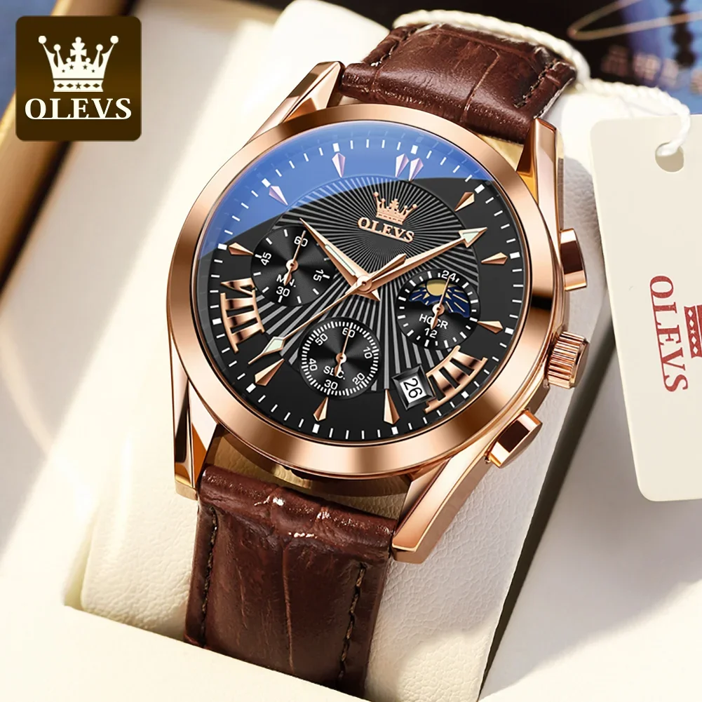 

OLEVS 2876 Waterproof Quartz Men Wristwatches Genuine Leather Strap Sport Multifunctional Luxury Watches for Men Luminous