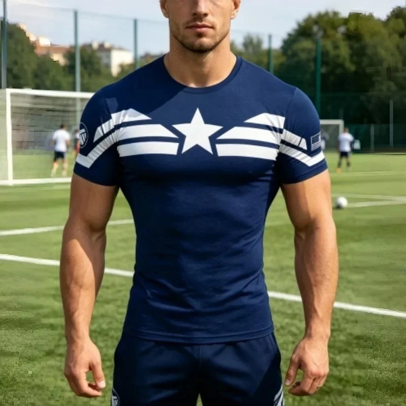 Men's Compression Tshirt Star Striped Quick Dry Elastic Short Sleeve Gym Training Muscle Fit Football Running Sports Shirt