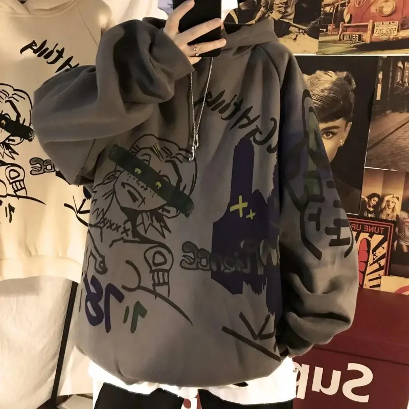 

Gothic Cartoon Prints Anime Punk Hoodie Hooded Sweatshirt Men Clothing Autumn Winter Coat Hip Hop Tops Loose Streetwear Hoodie