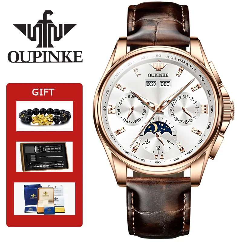 

OUIPNKE 3189 Men's Watch Moon phase Calendar Multifunctional Wristwatch Leather strap Sapphire mirror Watch for Man Top Brand