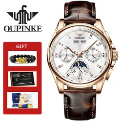 OUIPNKE 3189 orologio da uomo calendario fasi lunari orologio da polso multifunzionale cinturino in pelle orologio a specchio zaffiro per uomo Top Brand