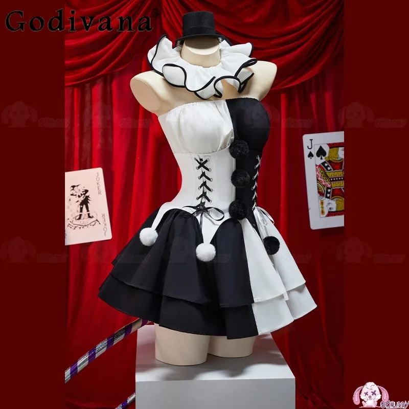 أبيض وأسود كتلة اللون تأثيري حلي المرأة هالوين القوطية مهرج تنورة مجموعة الإناث الصيف أنيمي كوس تنورة الزي #3