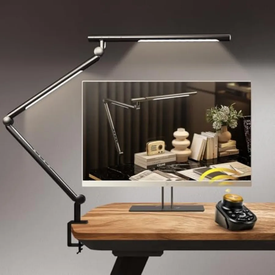 Adjustable LED Desk Lamp Modern Black - Clamp Mount Office Table Light with Desktop Remote Control, Adjustable Brightness and C