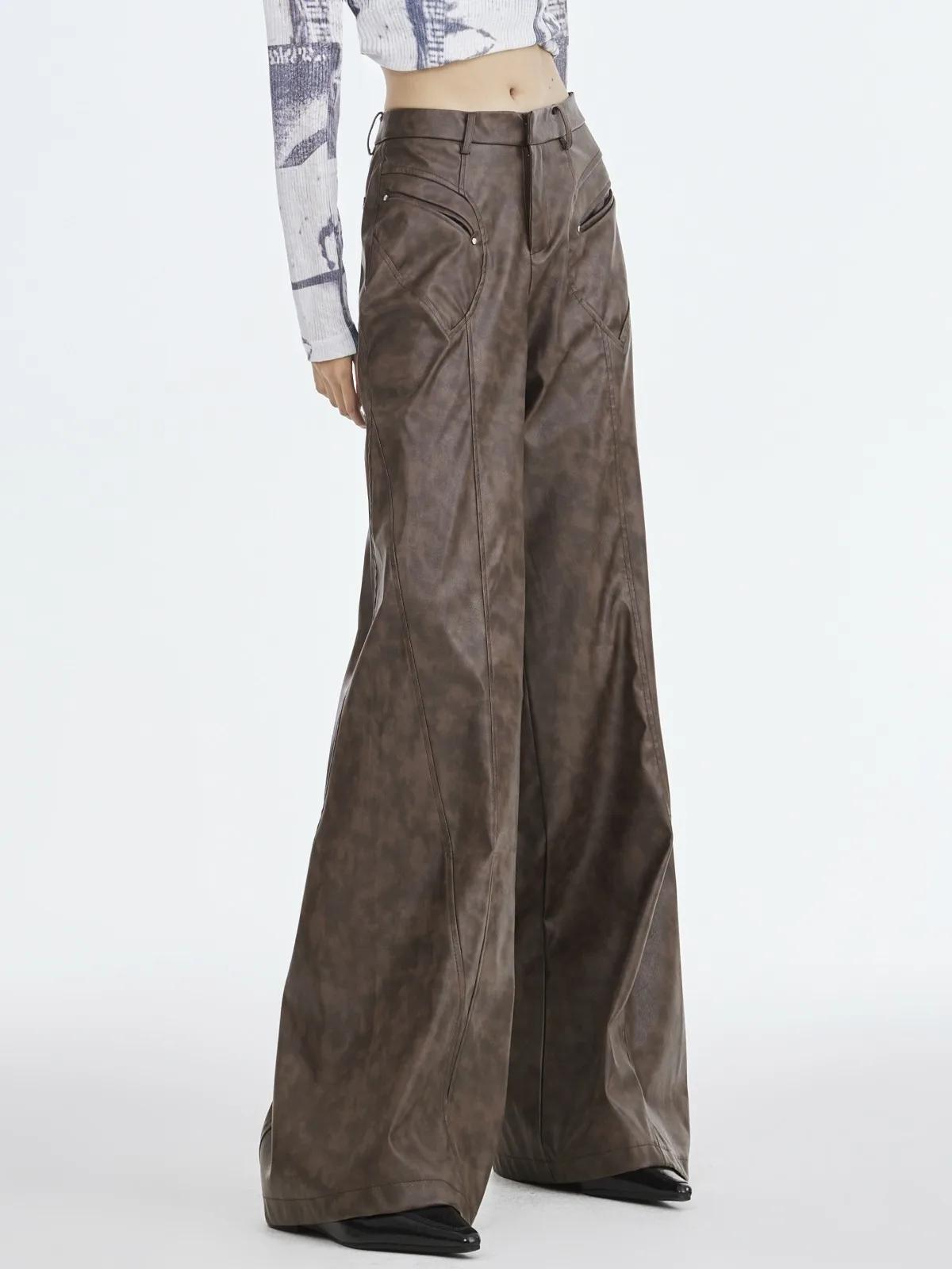 ZHISILAO New Vintage Pu Leather Wide Leg Pants for Women Solid Loose Brown Trousers Autumn Winter 2023