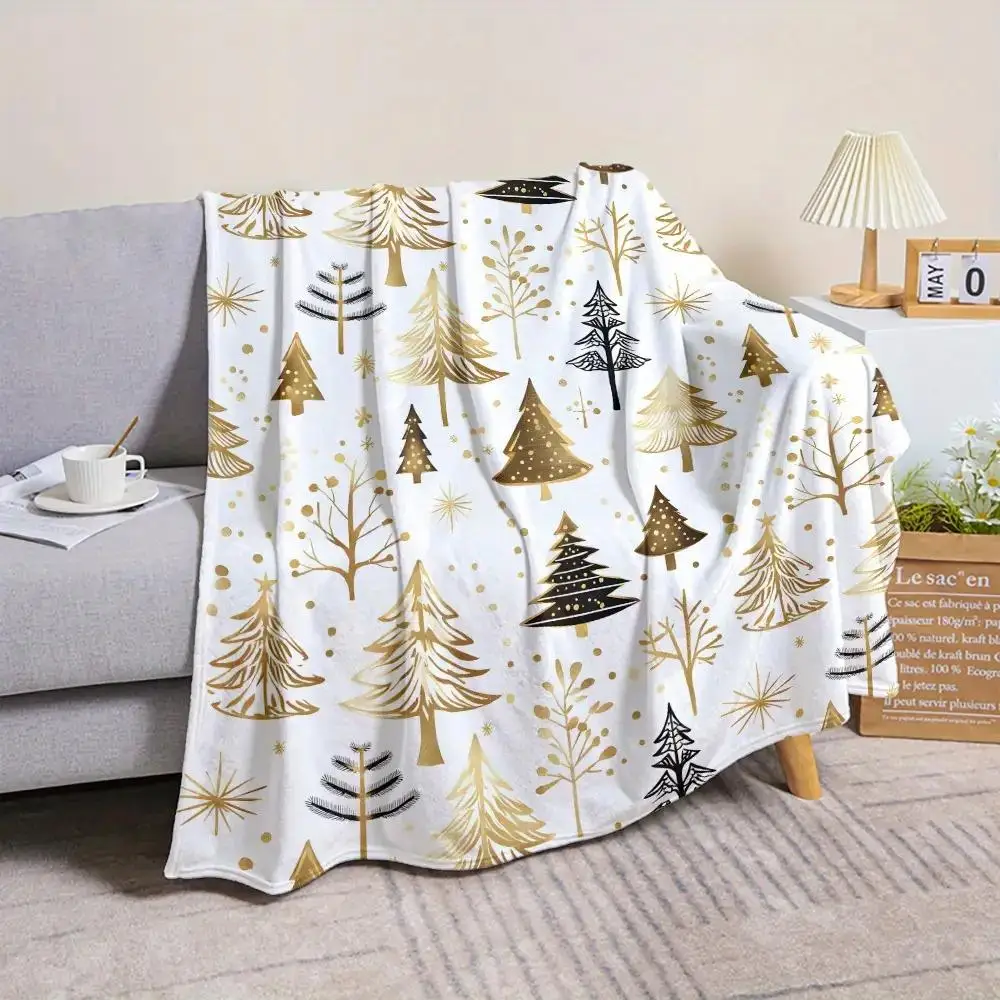 Gold Christmas Tree Pattern Throw Blanket Elegant Holiday Design for Living Room Decor Gift for Her FestiveHome