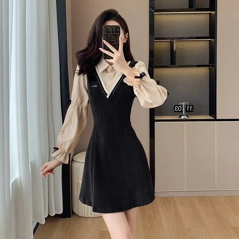 French Style Polo-Neck Mini Dress Female Clothing Fake Two Pieces Patchwork Autumn Basic Long Sleeve Stylish Bow Vintage Dresses