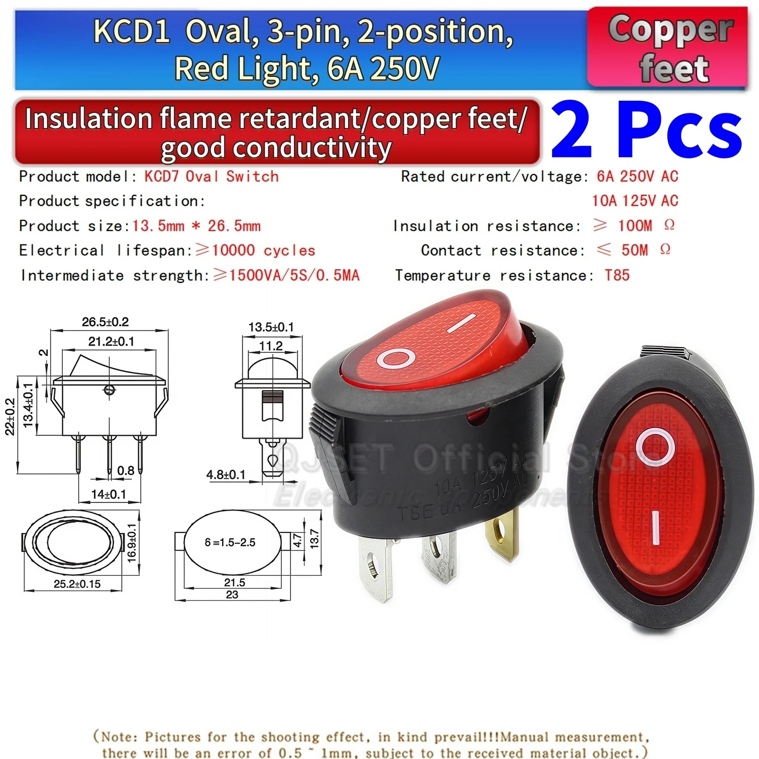 2 Stück KCD7 KCD1 Ovaler Schalter 2 Pins 2 Stufen / 3 Pins 3 Stufen, Elektrischer Wasserkocher Wippschalter mit/ohne Beleuchtung – Detail 10