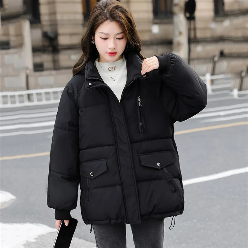 Winter Mid-Long Down Cotton Jacket Women 2023 New Loose Stand-Up Collar Hooded Coat Pure Colour Outerwear Parka Overcoat Female