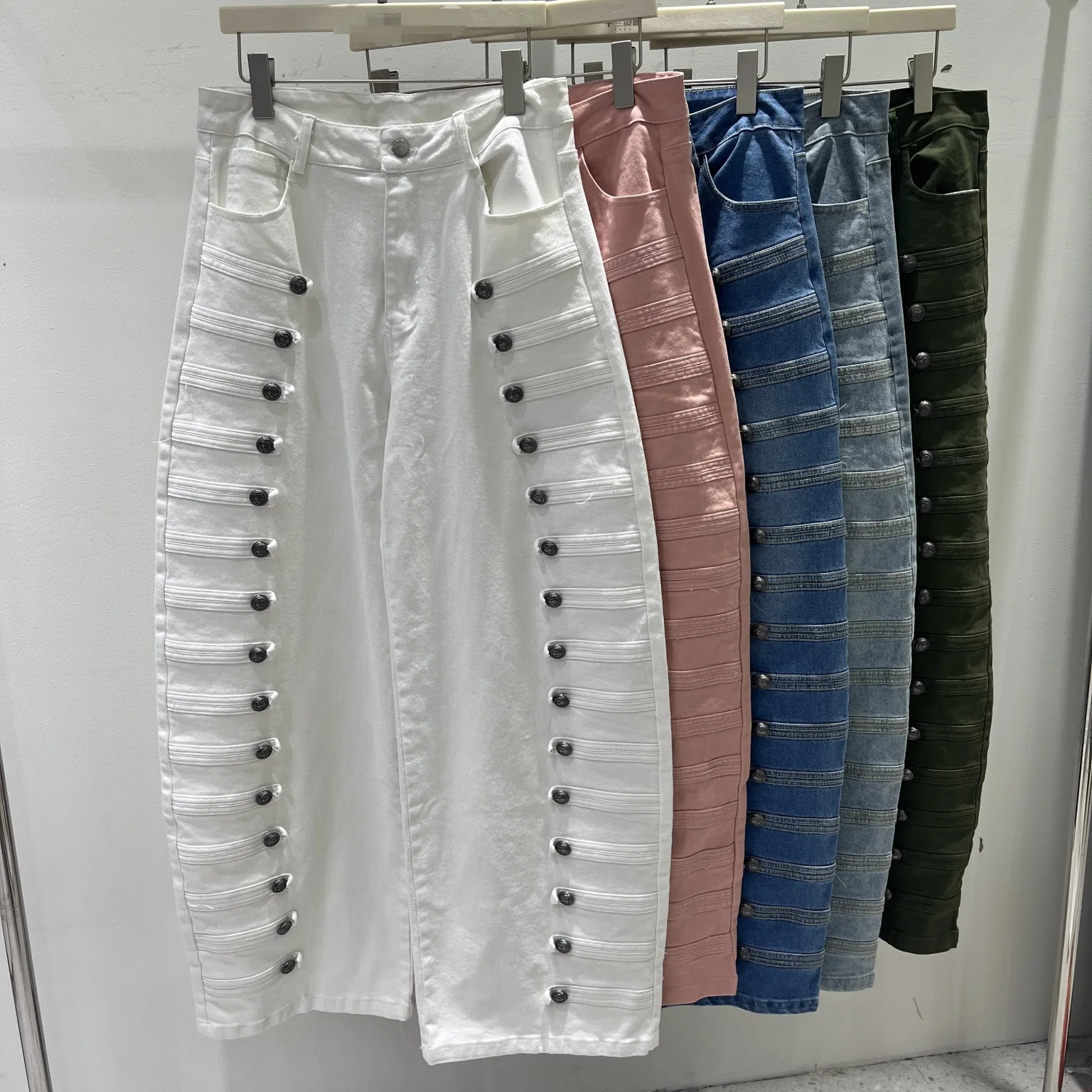 SuperAen European and American Style Retro Double-buttoned Three-dimensional Decorative Stretch Denim Pants Long Wide-leg Pants