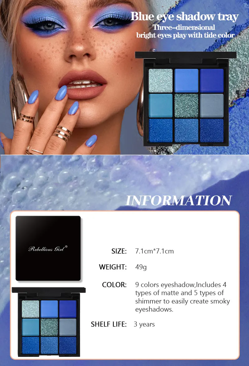 9-Farben-Lidschatten-Palette, blau, wasserdicht, schweißfest, blau, matt, Perlen-Glitzer-Finish, Performance, Bühnen-Make-up, Musikfestival – Detail 1