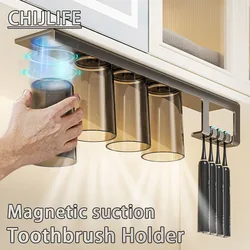 New Wall Mounted Magnetic Suction Toothbrush Holder With Cup Without Drilling Space Saving Storage Hook Bathroom Accessories