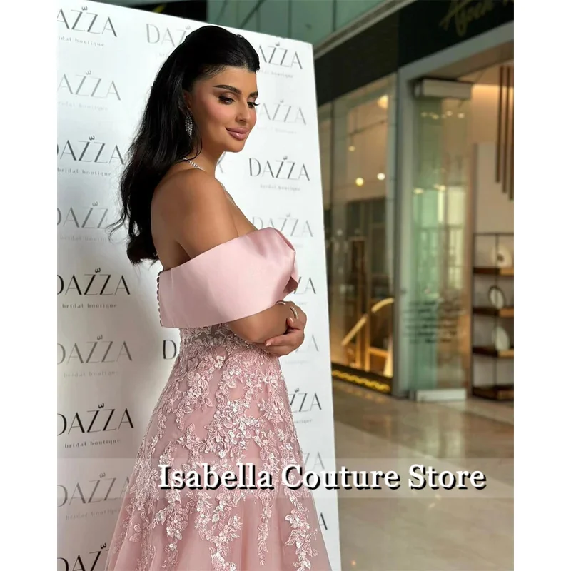 فستان إيزابيلا مخصص مكشوف الكتفين مزين على شكل حرف a للحفلات الراقصة بطول الأرض فساتين سهرة أنيقة باللون الوردي فيستدوس دي فيستا