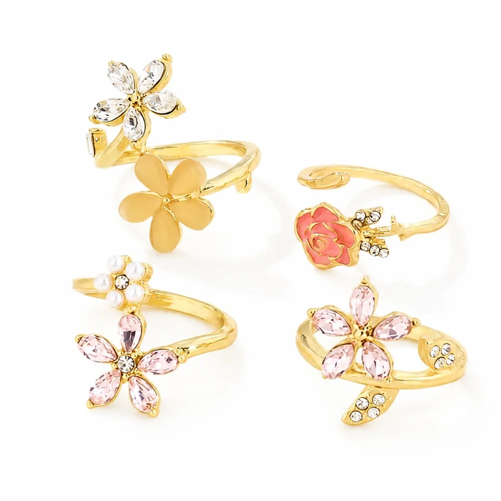 4pcs Gold Tone Open Ring Set Adjustable Open Design Smooth Round Pearls Geometric Stackable Rings Delicate Clear Zircon Inlays