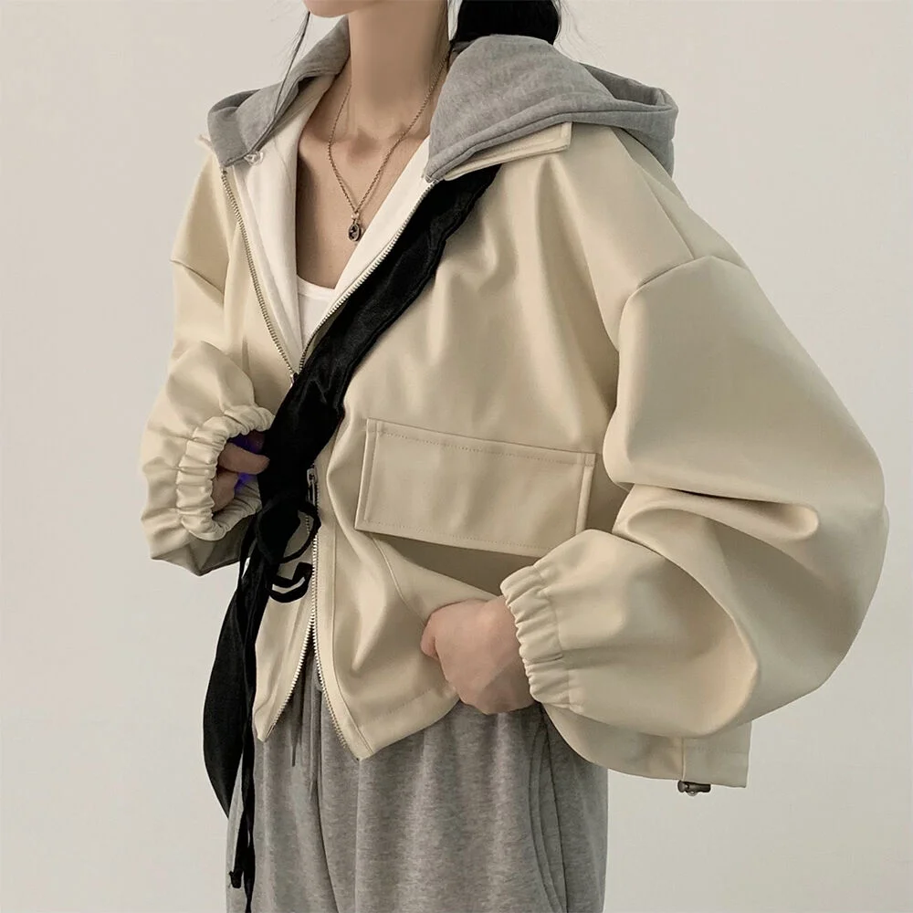 Jaqueta de Couro Retro com Zíper e ande Bolso, Moda Casual Fena, Manga Longa, Outros Materiais