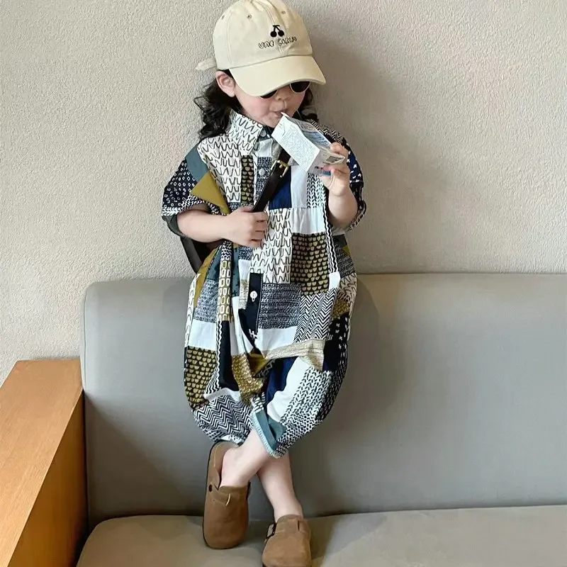 

Летние хлопковые квадратные лоскутные однобортные боди для маленьких девочек, детские комбинезоны, детские комбинезоны, наряд для детей от 2 до 8 лет