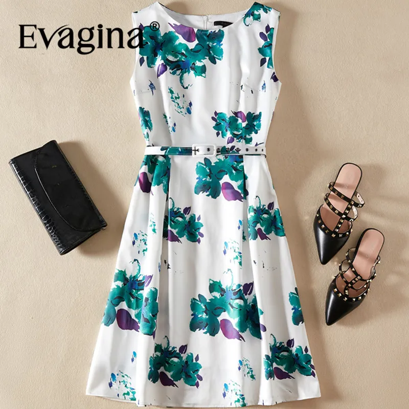 

Evagina New Fashion Runway Designer Dress Women's Sleeveless Printing Lace-UP High Street S-XXL Mini Dresses