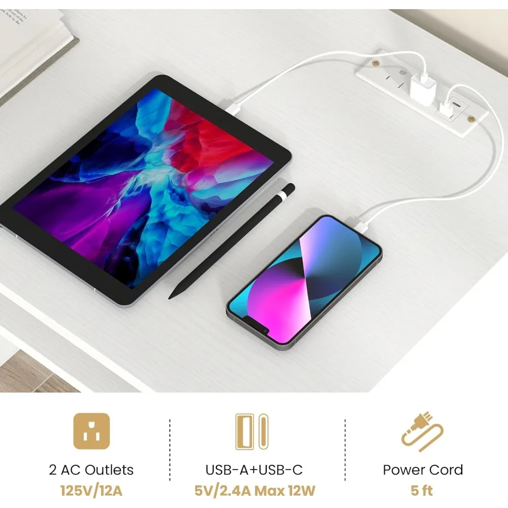 3つの収納引き出しと内蔵充電ステーションを備えたホームオフィスデスク、キーボードトレイ付きコンピューターデスク、学習机、ライティングデスク