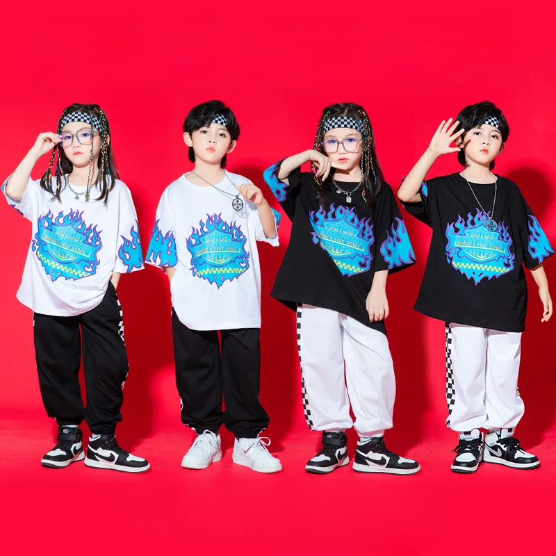 Kid Hip Hop Clothing Graphic Tee T Shirt Top Checkered Casual Street Sweat Jogger Pants for Girl Boy Jazz Dance Costume Clothes